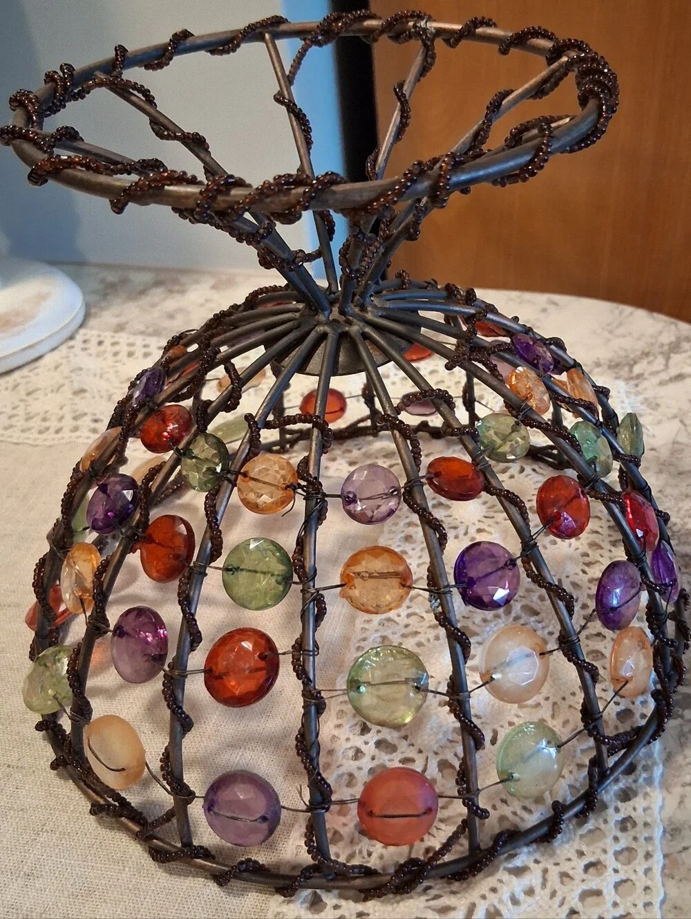 Vintage Beaded Wire & Metal Footed Bowl Basket Handmade Pop Art Retro Decor 8